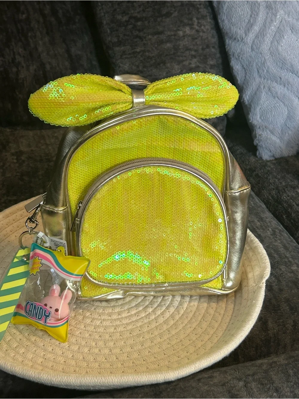 Kids Sequin Bow Mini Backpack - Yellow with bag charm